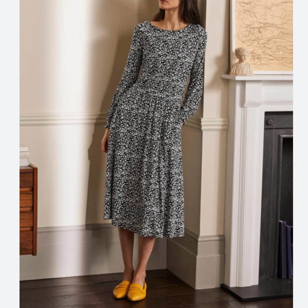 Boden Evelyn Jersey Midi Dress | Black Floral Cascade | Size 10 Petite
